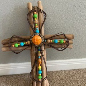 Beaded Sea Driftwood Cross - Coastal Decor
